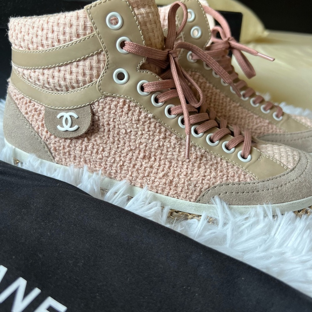 Chanel Women's Pink High-Top Tweed Sneakers